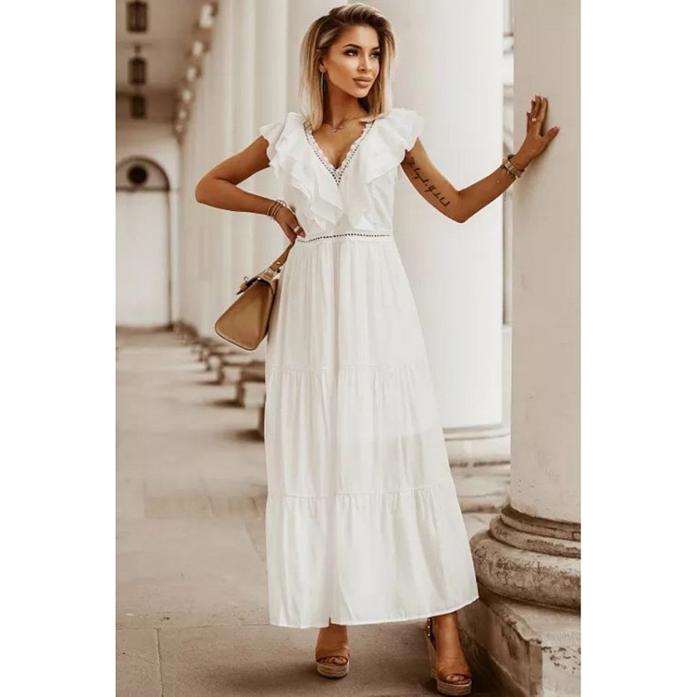 Plus Size White Ruffle V Neck Maxi Dress - Picture 2 of 6